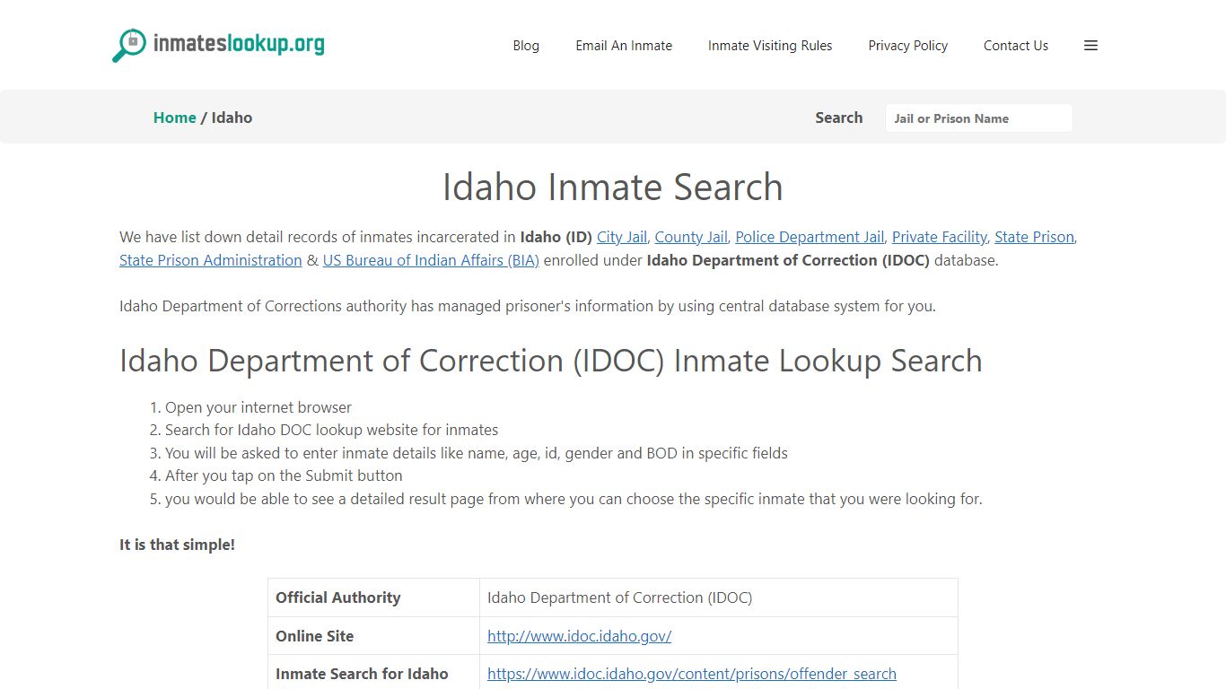 Idaho Inmate Lookup & Search - Idaho Department of Correction (IDOC ...